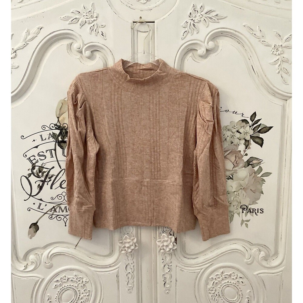Band of the Free Beige Long Puff Sleeve Mock Neck Knit Pullover Top Women, Sz L